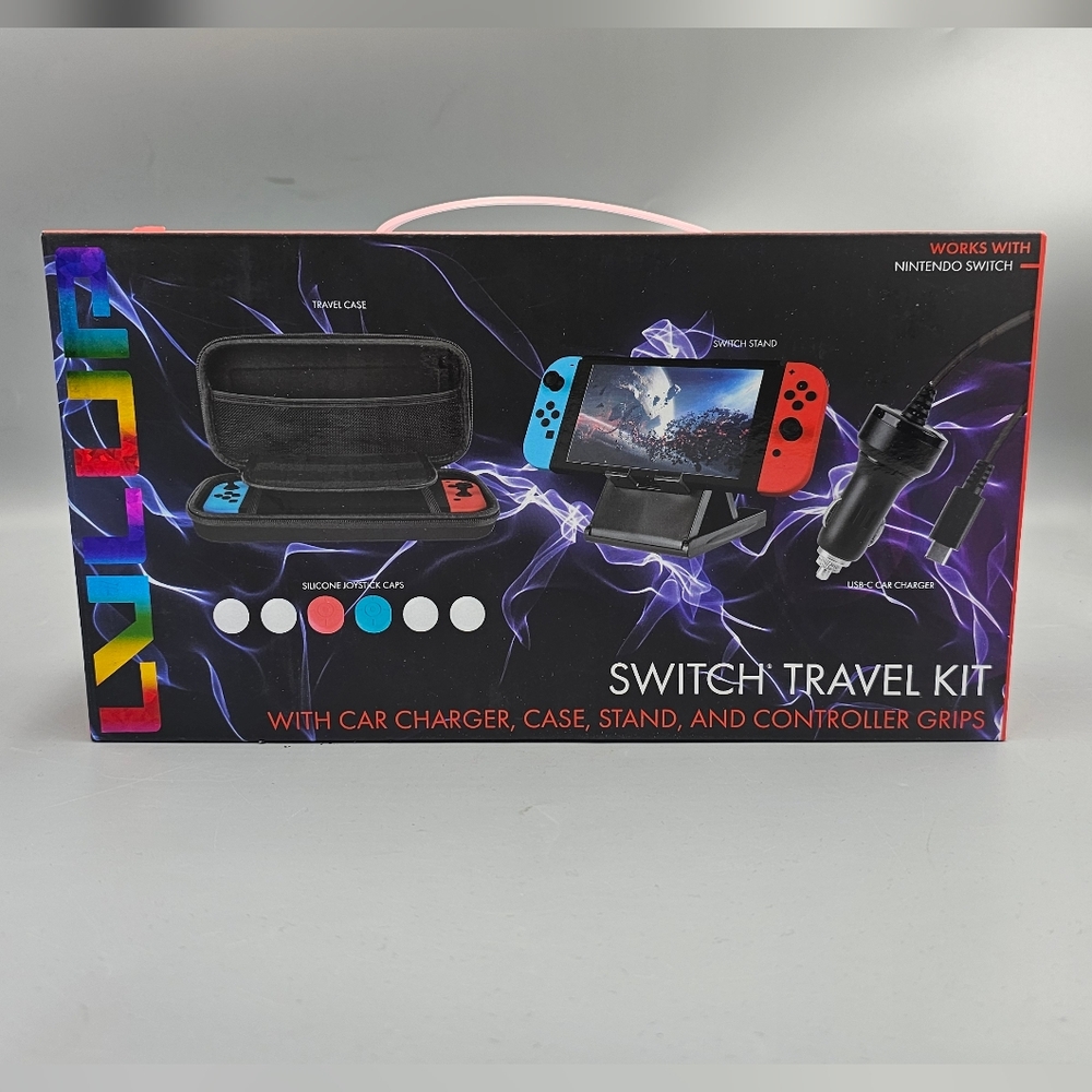 Nintendo Switch 4 Piece Travel Kit Case Car Charger Stand Controller Grips New
